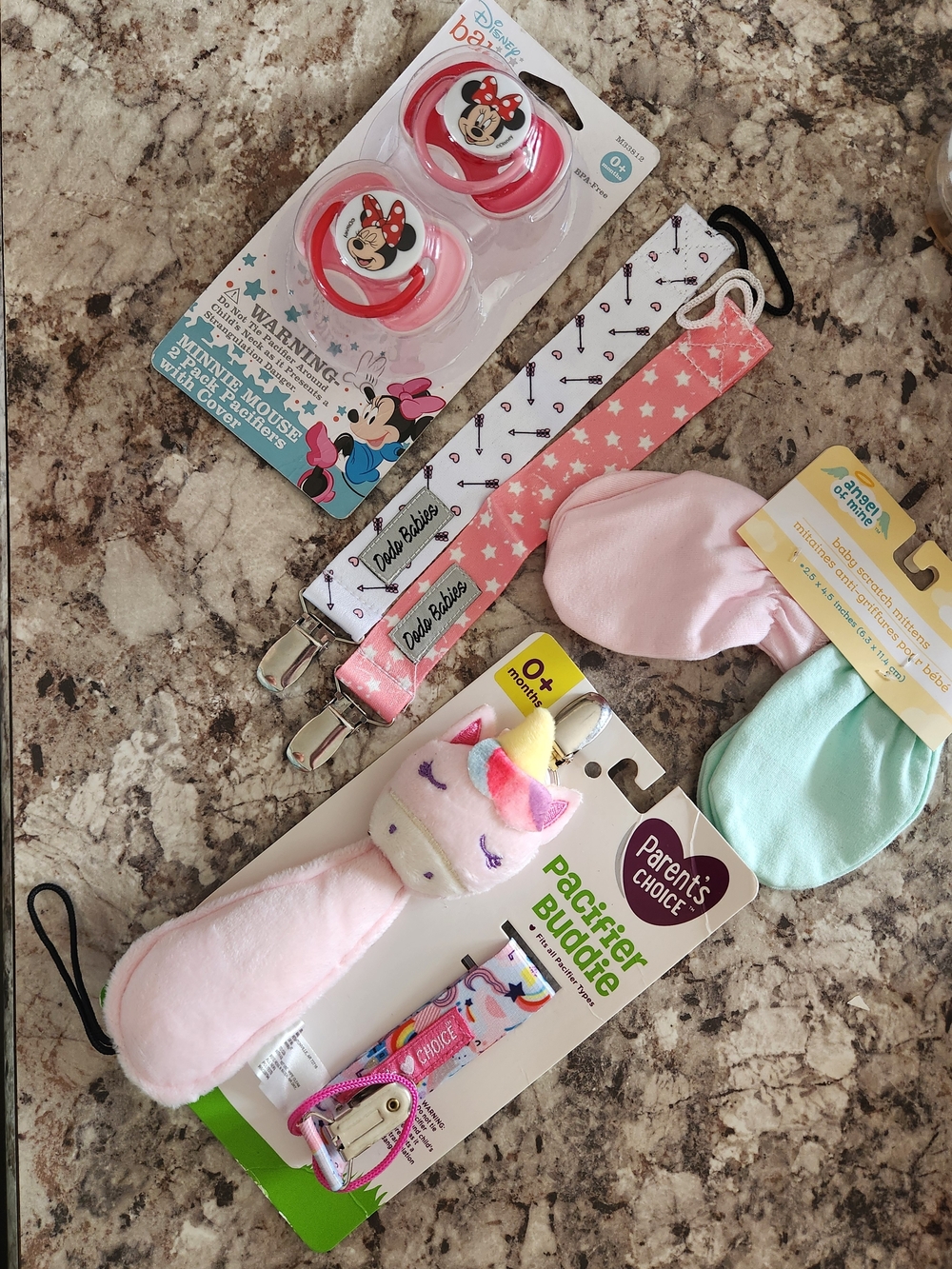 Unicorn Pacifier Buddy & Minnie Mouse Pacifiers Set & Clips, Scratch Mittens